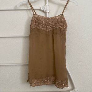 bebe Silk Cami Tan Crocheted Laces & Squines SZ XS NWOT